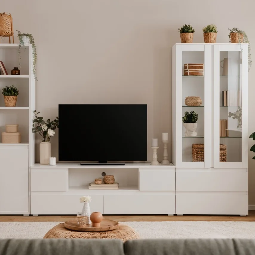 Obývací stěna SCONTO s televizorem a bílými vitrínami