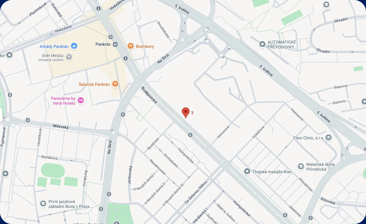 Mapa: trasa do kanceláře ACOMWARE, Budějovická 778/3, Praha 4 (Google Mapy)